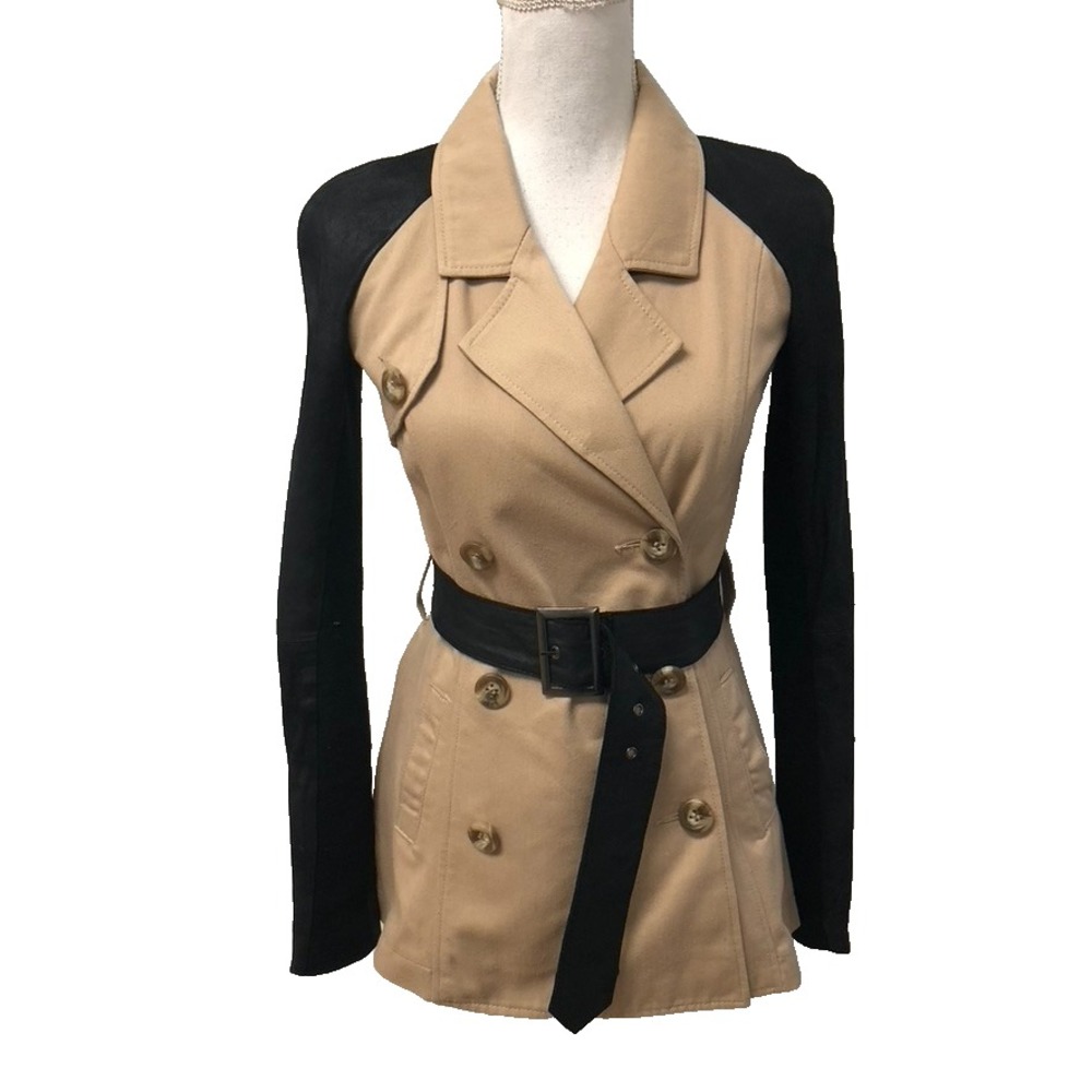 Veda Pea Coat Womens Small Beige Black Belted Double Breasted Classic Old Money